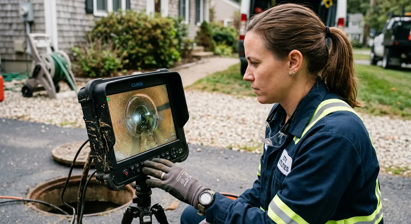 Technician reviewing sewer camera inspection footage in Fort Payne