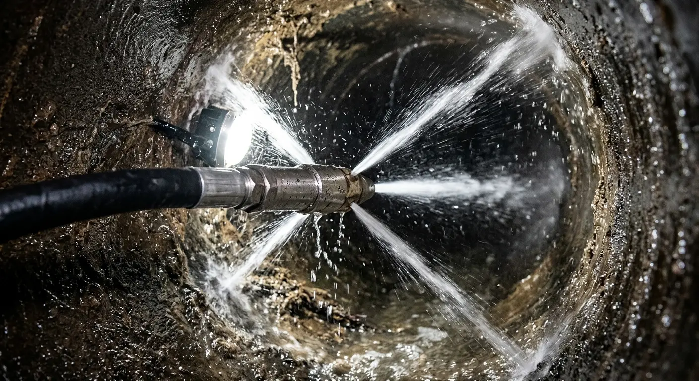 High-pressure hydro jetting nozzle cleaning sewer pipe for Sewer Cleanout in Fort Payne