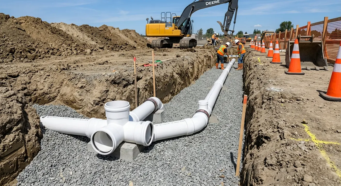 New PVC sewer pipe installation in open trench for Commercial Drain Cleaning in Fort Payne