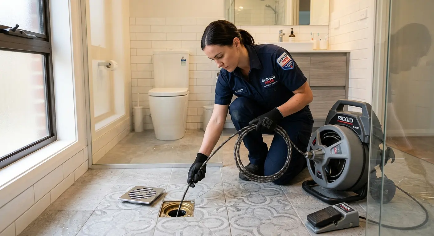 Technician clearing a bathroom floor drain for Drain Cleaning in Fort Payne